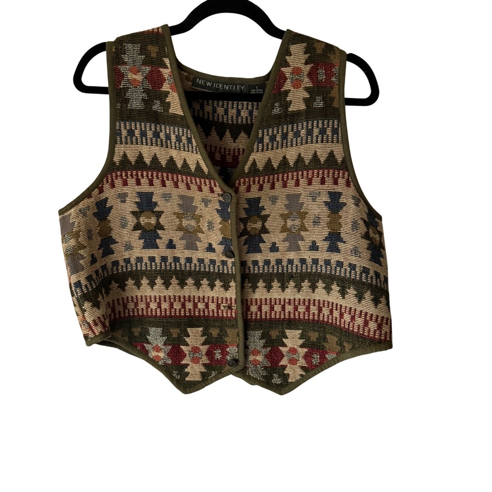 New Identity Womens L Southwestern Tapestry Vest Button Front Sleeveless Top